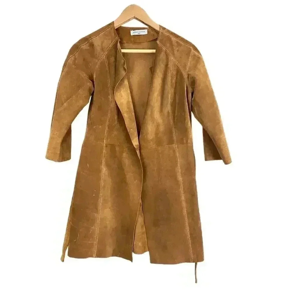 Adele Altman Suede Leather Jacket Roma XS Brown Open Front Made In‎ Italy